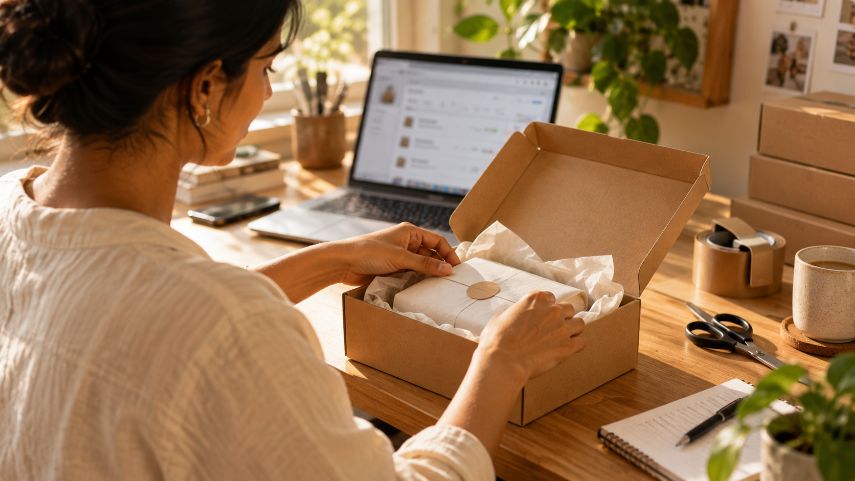 Ecommerce seller packing a customer order beside a laptop.
