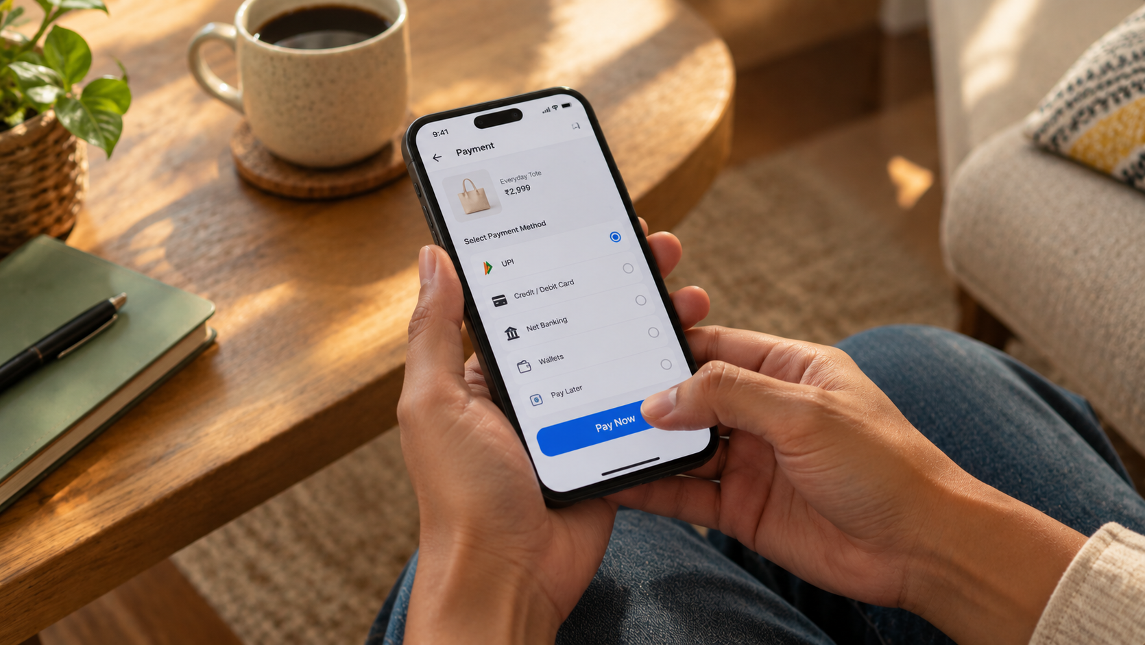 Hands holding a smartphone showing a mobile ecommerce payment screen with UPI selected.
