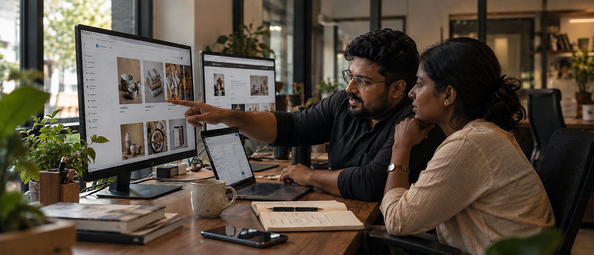 Indian ecommerce professionals reviewing an online store on a computer in a modern office.